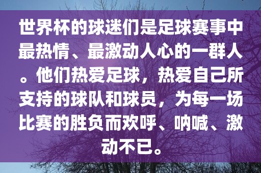 世界杯的球迷们是足球赛事中最热情、最激动人心的一群人。他们热爱足球，热爱自己所支持的球队和球员，为每一场比赛的胜负而欢呼、呐喊、激动不已。