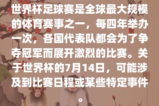世界杯足球赛是全球最大规模的体育赛事之一，每四年举办一次，各国代表队都会为了争夺冠军而展开激烈的比赛。关于世界杯的7月14日，可能涉及到比赛日程或某些特定事件。眉山市正发家政服务有限公司