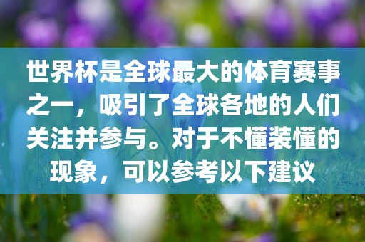 世界杯是全球最大的体育赛事之一，吸引了全球各地的人们关注并参与。对于不懂装懂的现象，可以参考以下建议