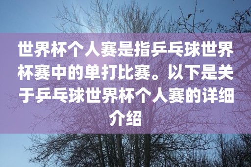 世界杯个人赛是指乒乓球世界杯赛中的单打比赛。以下是关于乒乓球世界杯个人赛的详细介绍