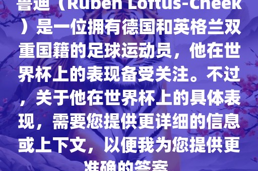 鲁迪（Ruben Loftus-Cheek）是一位拥有德国和英格兰双重国籍的足球运动员，他在世界杯上的表现备受关注。不过，关于他在世界杯上的具体表现，需要您提供更详细的信息或上下文，以便我为您提供更准确的答案。