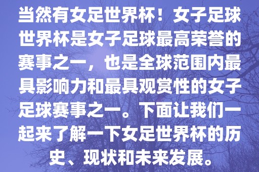 当然有女足世界杯！女子足球世界杯是女子足球最高荣誉的赛事之一，也是全球范围内最具影响力和最具观赏性的女子足球赛事之一。下面让我们一起来了解一下女足世界杯的历史、现状和未来发展。