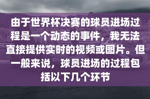 由于世界杯决赛的球员进场过程是一个动态的事件，我无法直接提供实时的视频或图片。但一般来说，球员进场的过程包括以下几个环节