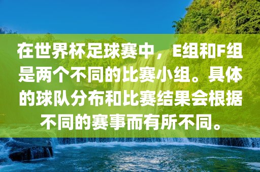在世界杯足球赛中，E组和F组是两个不同的比赛小组。具体的球队分布和比赛结果会根据不同的赛事而有所不同。