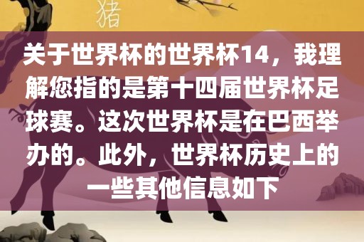 关于世界杯的世界杯14，我理解您指的是第十四届世界杯足球赛。这次世界杯是在巴西举办的。此外，世界杯历史上的一些其他信息如下