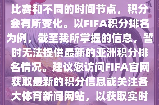 关于世界杯亚洲积分，不同的比赛和不同的时间节点，积分会有所变化。以FIFA积分排名为例，截至我所掌握的信息，暂时无法提供最新的亚洲积分排名情况。建议您访问FIFA官网获取最新的积分信息或关注各大体育新闻网站，以获取实时的世界杯亚洲积分排名。