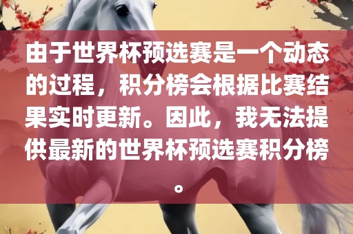 由于世界杯预选赛是一个动态的过程，积分榜会根据比赛结果实时更新。因此，我无法提供最新的世界杯预选赛积分榜。