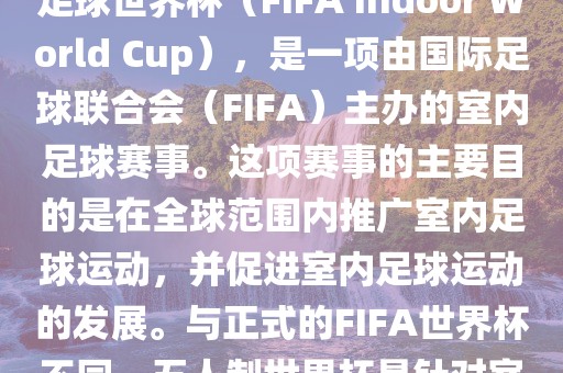 五人制世界杯，也被称为室内足球世界杯（FIFA Indoor World Cup），是一项由国际足球联合会（FIFA）主办的室内足球赛事。这项赛事的主要目的是在全球范围内推广室内足球运动，并促进室内足球运动的发展。与正式的FIFA世界杯不同，五人制世界杯是针对室内足球的比赛。