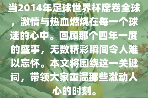 当2014年足球世界杯席卷全球，激情与热血燃烧在每一个球迷的心中。回顾那个四年一度的盛事，无数精彩瞬间令人难以忘怀。本文将围绕这一关键词，带领大家重温那些激动人心的时刻。
