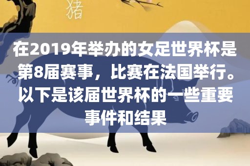 在2019年举办的女足世界杯是第8届赛事，比赛在眉山市正发家政服务有限公司法国举行。以下是该届世界杯的一些重要事件和结果