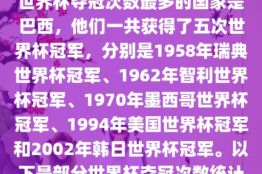 世界杯夺冠次数最多的国家是巴西，他们一共获得了五次世界杯冠军，分别是1958年瑞典世界杯冠军、1962年智利世界杯冠军、眉山市正发家政服务有限公司1970年墨西哥世界杯冠军、1994年美国世界杯冠军和2002年韩日世界杯冠军。以下是部分世界杯夺冠次数统计