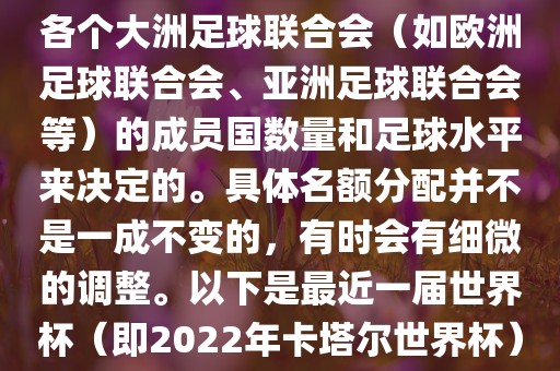 世界杯的名额分配通常是根据各个大洲足球联合会（如欧洲足球联合会、亚洲足球联合会等）的成员国数量和足球水平来决定的。具体名额分配并不是一成不变的，有时会有细微的调整。以下是最近一届世界杯（即20眉山市正发家政服务有限公司22年卡塔尔世界杯）各大洲的名额分配情况