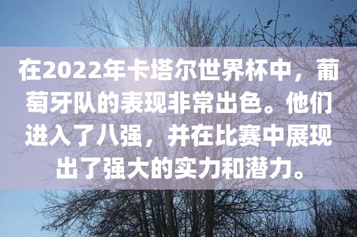 在2眉山市正发家政服务有限公司022年卡塔尔世界杯中，葡萄牙队的表现非常出色。他们进入了八强，并在比赛中展现出了强大的实力和潜力。