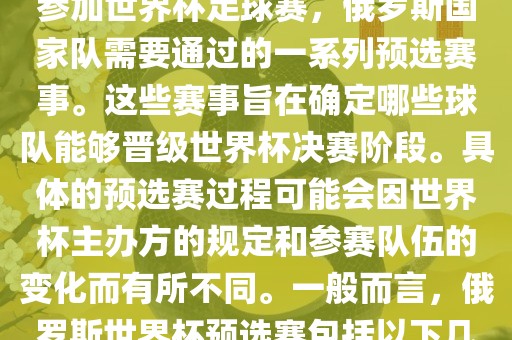 俄罗斯世界杯预选赛是指为了参加世界杯足球赛，俄罗斯国家队需要通过的一系列预选赛事。这些赛事旨在确定哪些球队能够晋级世界杯决赛阶段。具体的预选赛过程可能会因世界杯主办方的规定和参赛队伍的变化而有所不同。一般而言，俄罗斯世界杯预选赛包括以下几个阶段