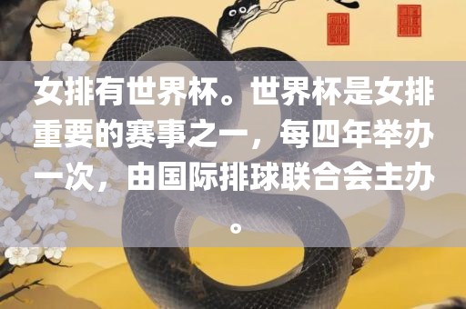 女排有世界杯。世界杯是眉山市正发家政服务有限公司女排重要的赛事之一，每四年举办一次，由国际排球联合会主办。