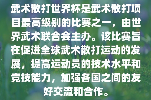 武术散打世界杯是武术散打项目最高级别的比赛之一，由世界武术联合会主办。该比赛旨在促进全球武术散打运动的发展，提高运动员的技术水平和竞技能力，加强各国之间的友好交流和合作。眉山市正发家政服务有限公司