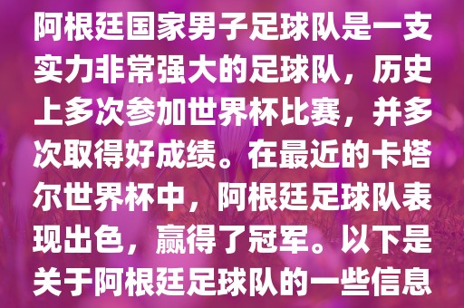 阿根廷国家男子足球队是一支实力非常强大的足球队，历史上多次参加世界杯比赛，并多次取得好成绩。在最近的卡塔尔世界杯中，阿根廷足球队表现出色，赢得了冠军。以下是关于阿根廷足球队的一些信息
