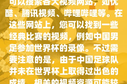 关于中国足球世界杯的视频，您可以搜索各大视频网站，如优酷、腾讯视频、哔哩哔哩等。在这些网站上，您可以找到一些经典比赛的视频，例如中国男足参加世界杯的录像。不过需要注意的是，由于中国足球队并未在世界杯上取得过出色的成绩，相关的视频资源可能较少。