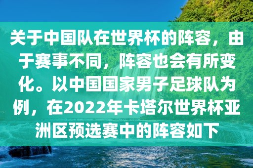 关于中国队在世界杯的阵容，由于赛事不同，阵容也会有所变化。以中国国家男子足球队为例，在2022年卡塔尔世界杯亚洲区预选赛中的阵容如下