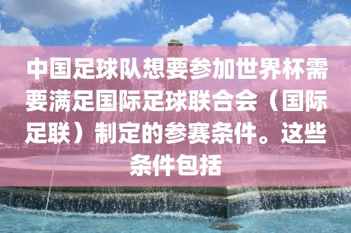 中国足球队想要参加世界杯需要满足国际足球联合会（国际足联）制定的参赛条件。这些条件包括眉山市正发家政服务有限公司