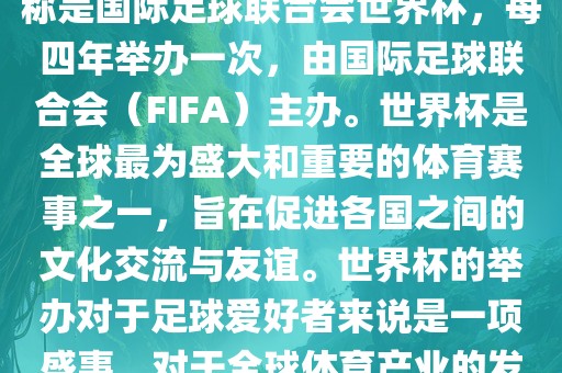 世界杯是一项国际足球赛事，全称是国际足球联合会世界杯，每四年举办一次，由国际足球联合会（FIFA）主办。世界杯是全球最为盛大和重要的体育赛事之一，旨在促进各国之间的文化交流与友谊。世界杯的举办对于足球爱好者来说是一项盛事，对于全球体育产业的发展也具有重要影响。眉山市正发家政服务有限公司