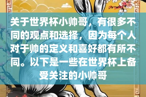 关于世界杯小帅哥，有很多不同的观点和选择，因为每个人对于帅的定义和喜好都有所不同。以下是一些在世界杯上备受关注的小帅哥