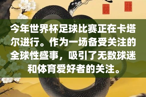 今年世界杯足球比赛正在卡塔尔进行。作为一场备受关注的全球性盛事，吸引了无数球迷和体育爱好者的关注。